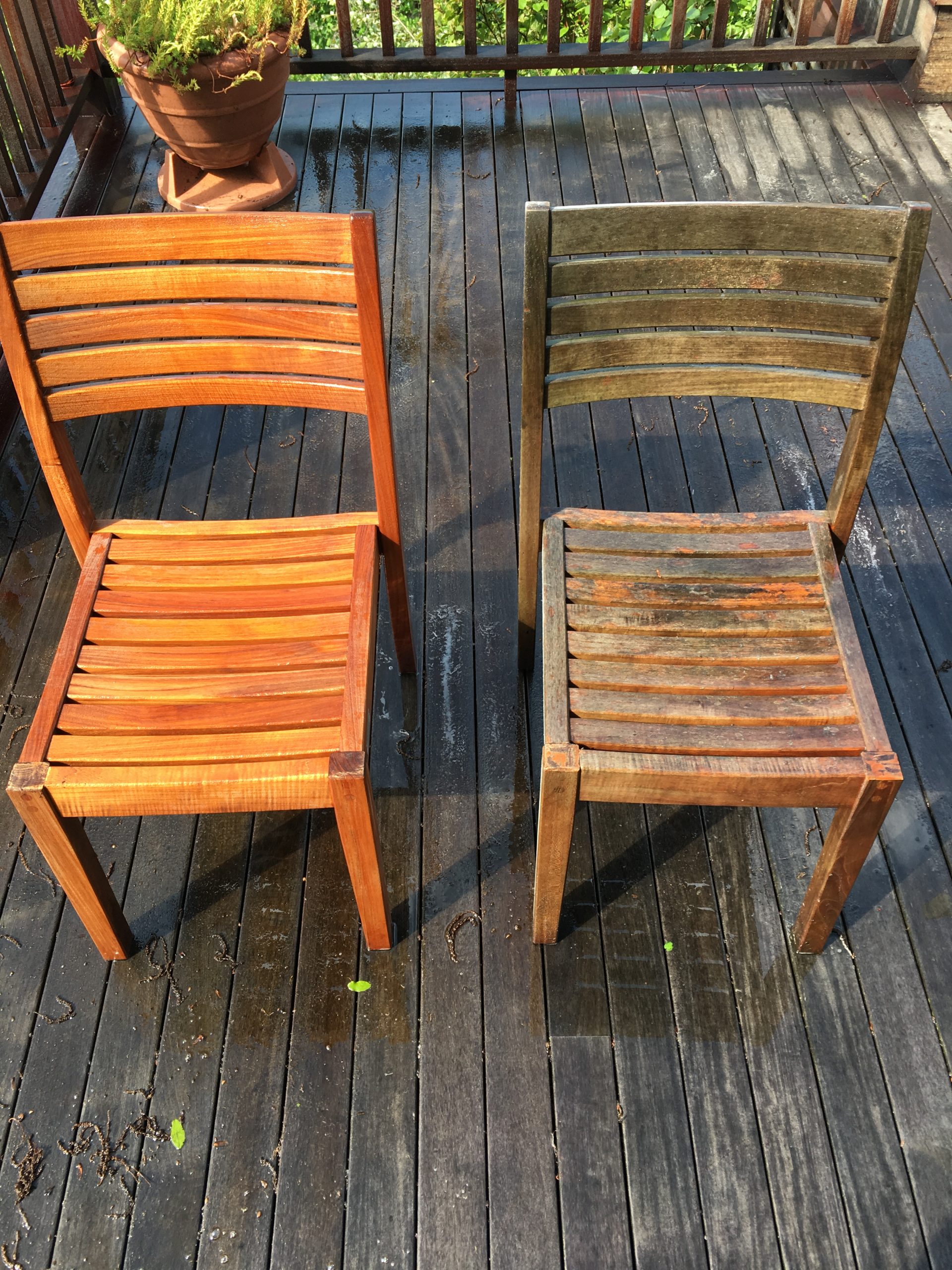 Clean wood chair and dirty wood chair